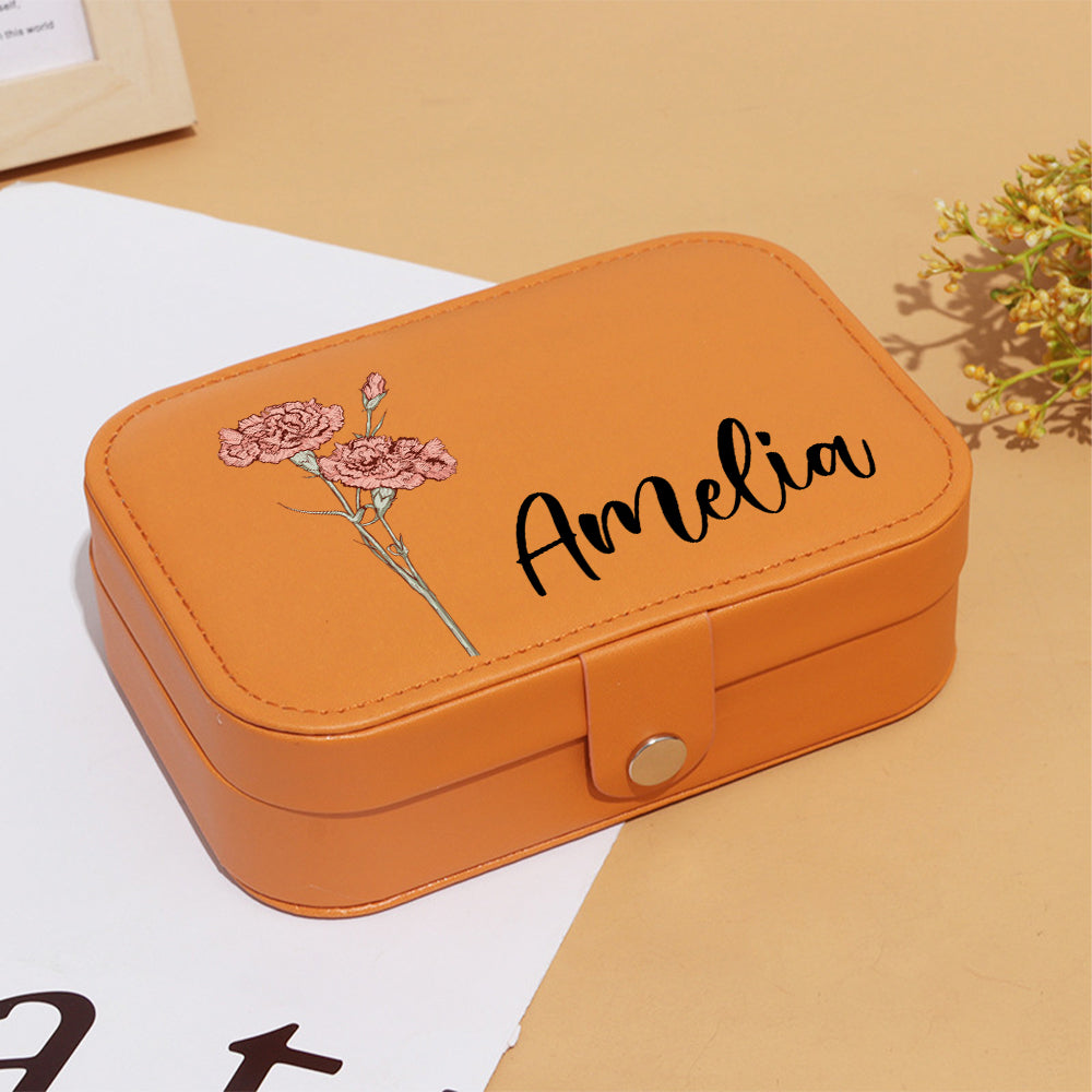 Personalized Birth Flower Leather Travel Jewelry Box with Name Waterproof Multiple Compartments Birthday