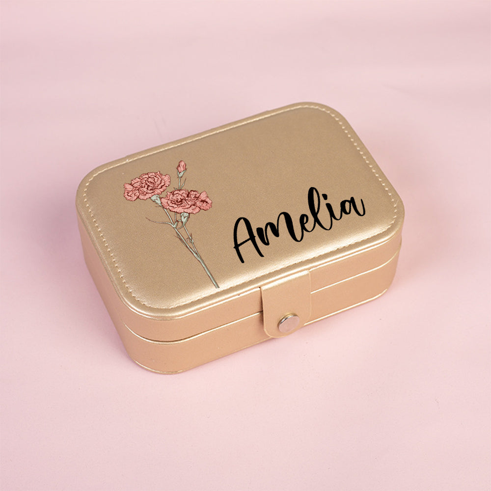Personalized Birth Flower Leather Travel Jewelry Box with Name Waterproof Multiple Compartments Birthday