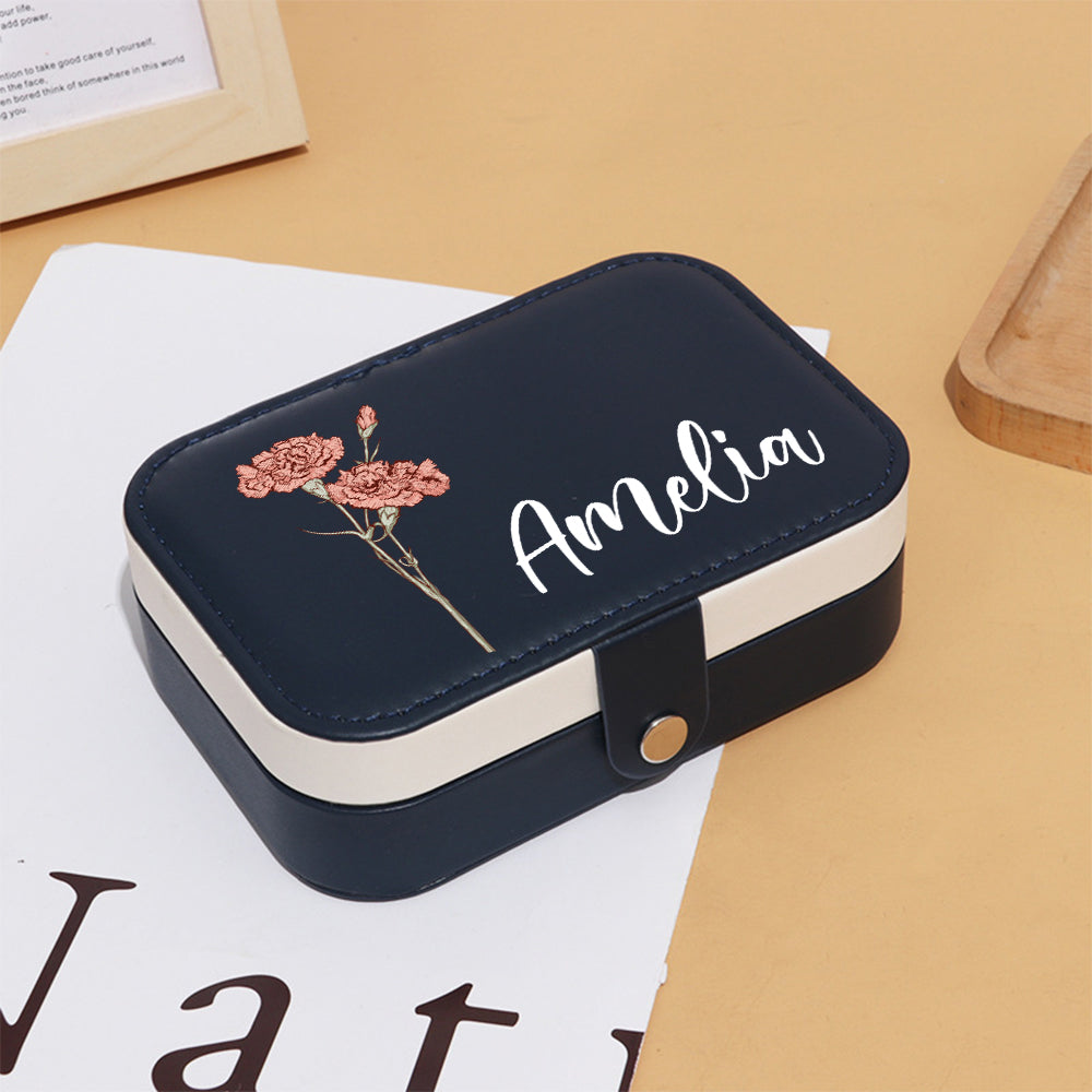 Personalized Birth Flower Leather Travel Jewelry Box with Name Waterproof Multiple Compartments Birthday