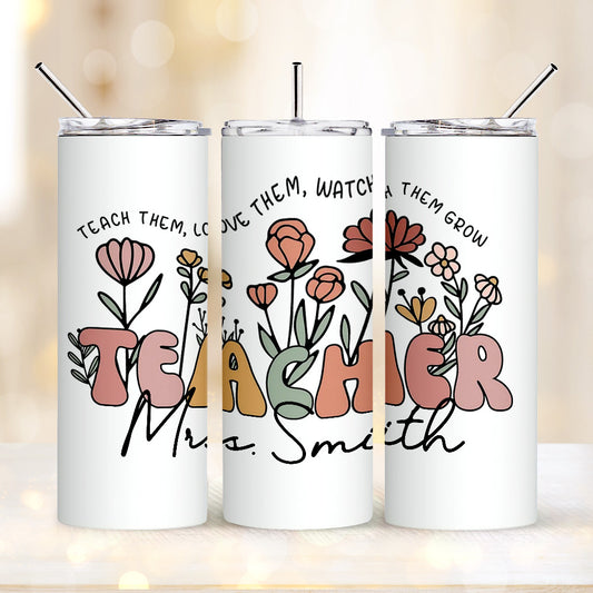Personalized Wildflowers 20oz Name Skinny Tumbler with Straw Appreciation Gift for Teacher Back to School Gift