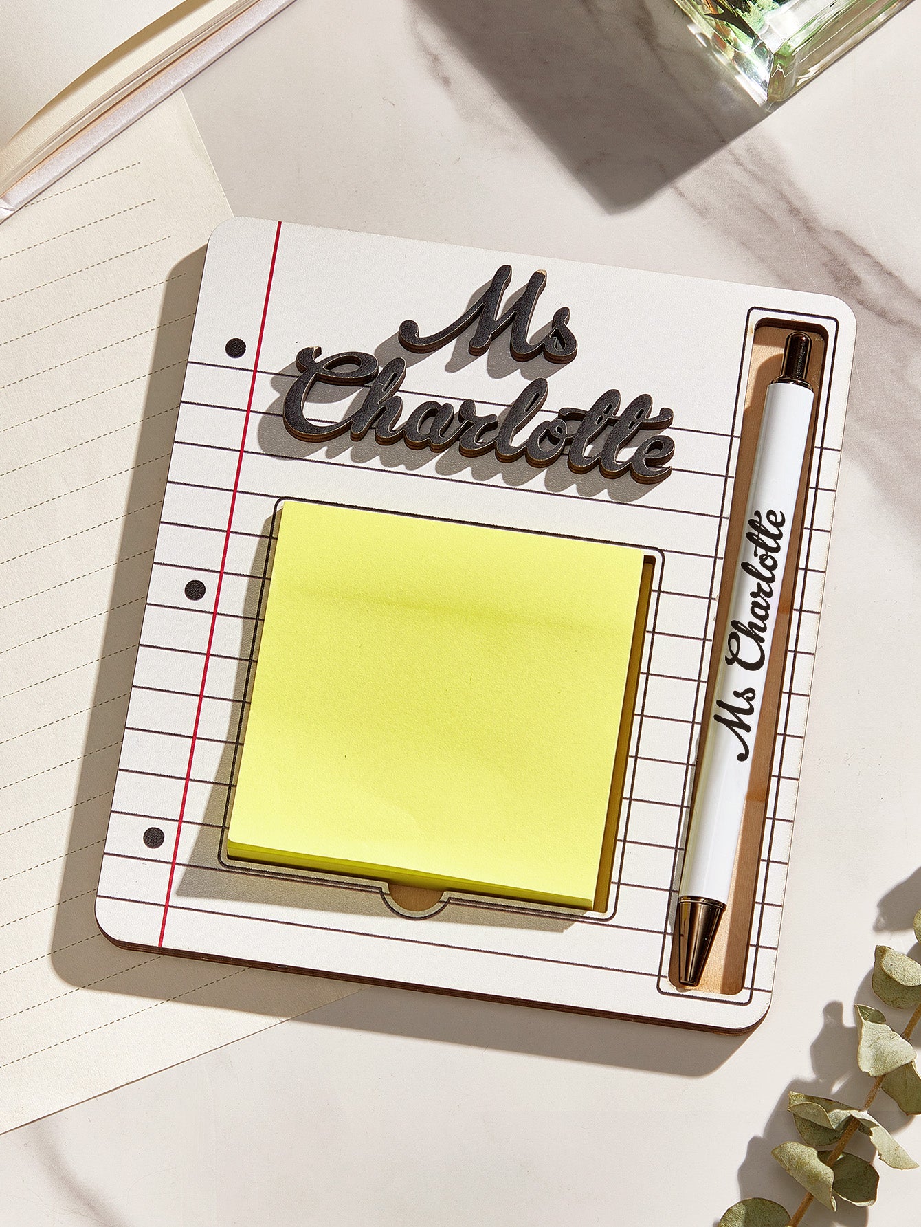 Personalized Name Sticky Note Wooden Holder with Pen Appreciation Gift for Teacher