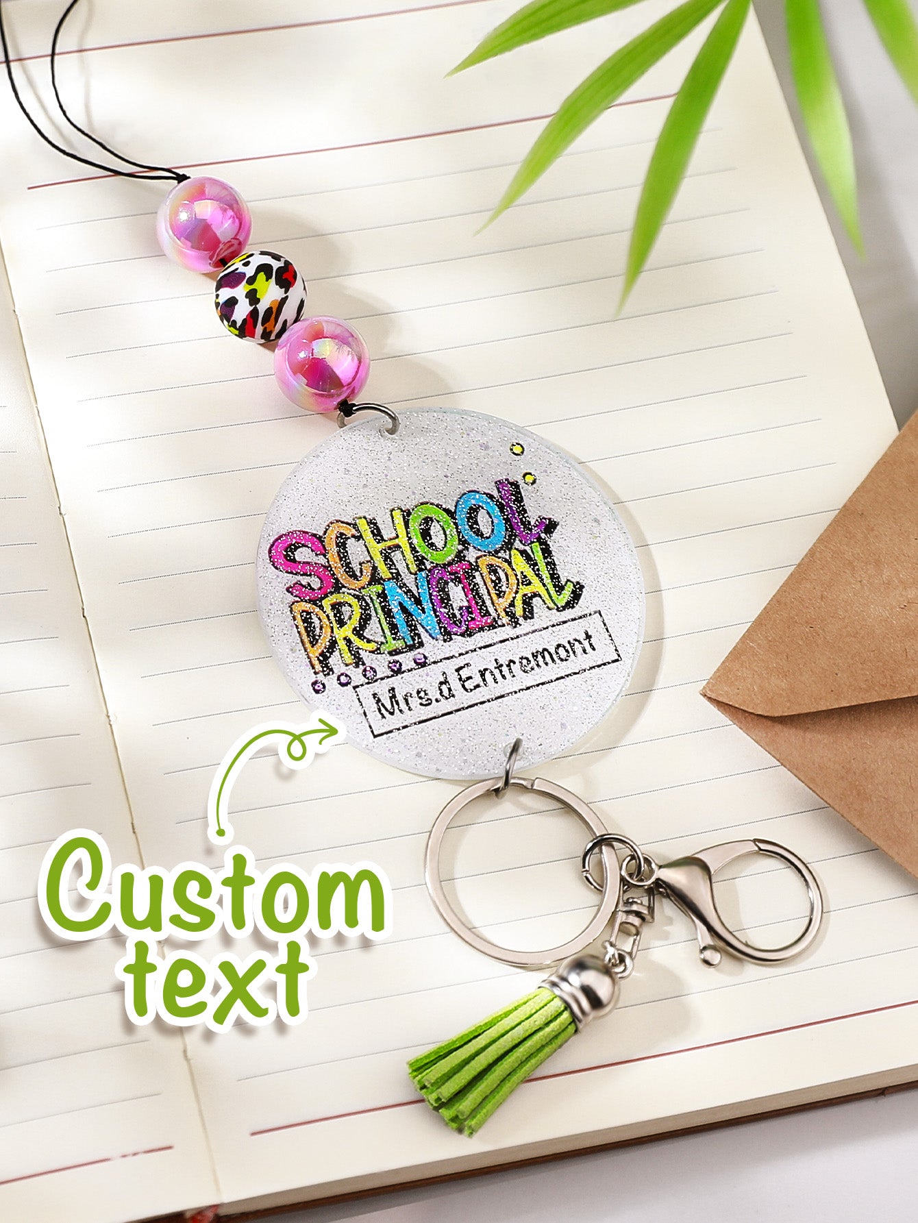Personalized Glitter Acrylic Beaded Tassel Lanyard with Name Back to School Gift for Teacher