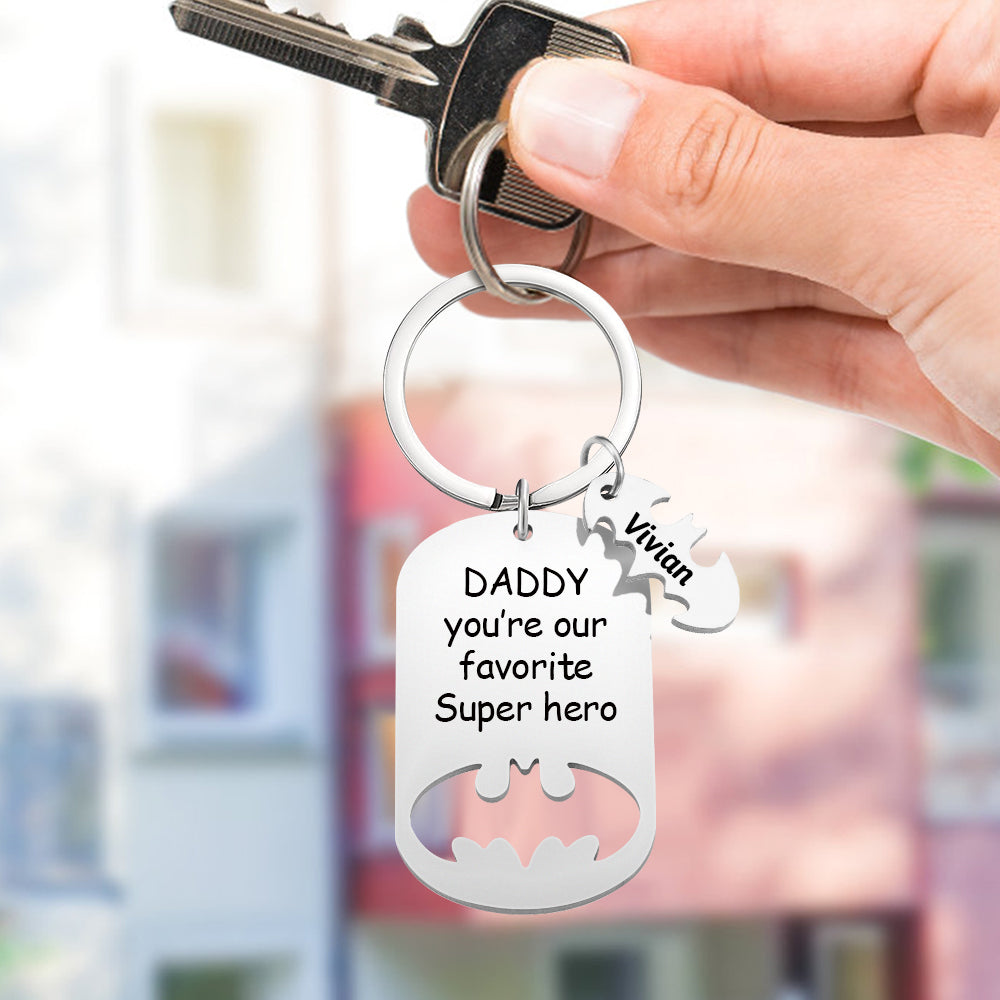 Personalized Superhero Daddy Keychain with Kids Names Gift for Father