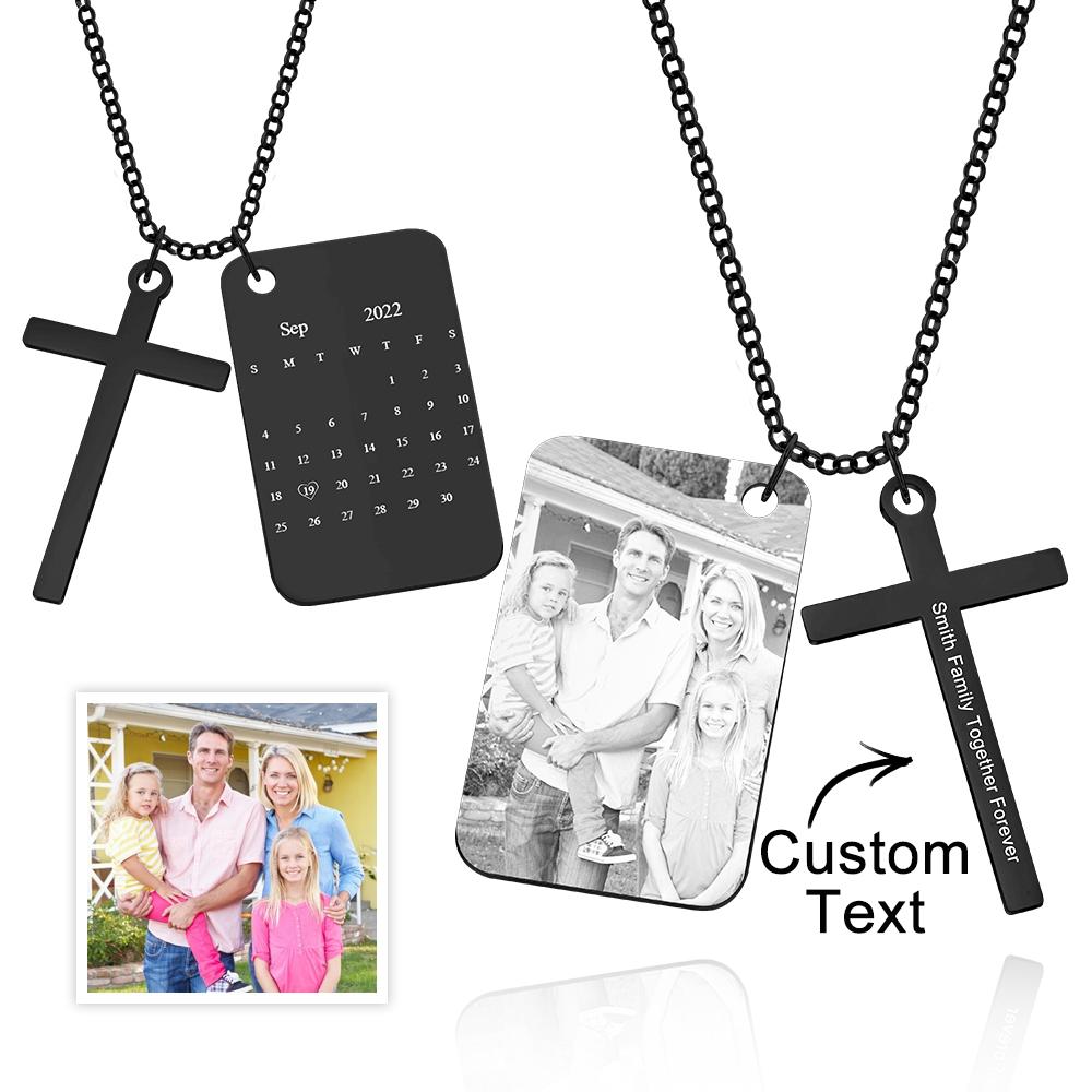 Personalized Photo Calendar Engraved Stainless Steel Cross Necklace Custom Message Pendant Father's Day