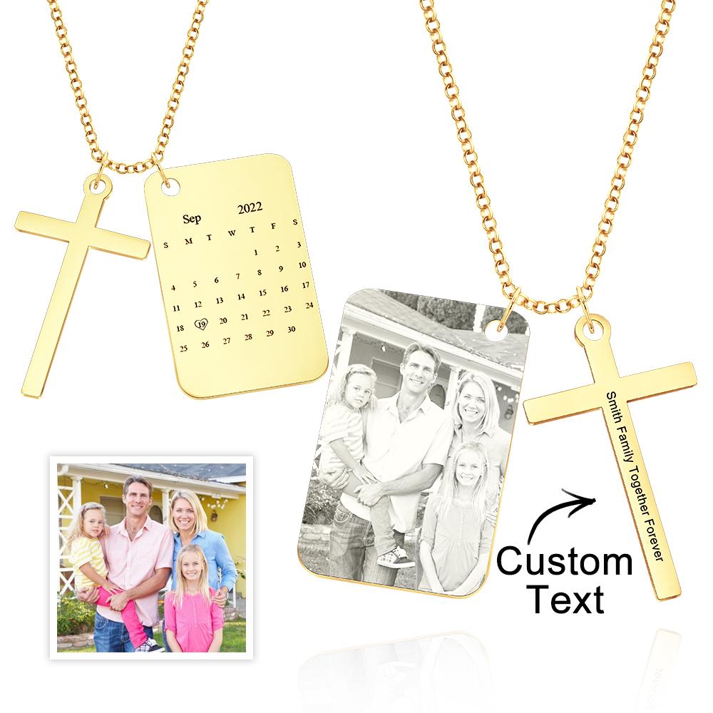 Personalized Photo Calendar Engraved Stainless Steel Cross Necklace Custom Message Pendant Father's Day