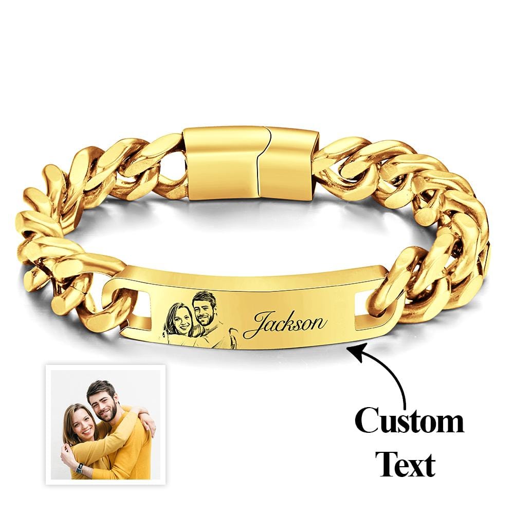Custom Engraved Men's Bracelet Stainless Steel Photo Vintage Bracelet Jewelry Father's Day Gifts-Gold