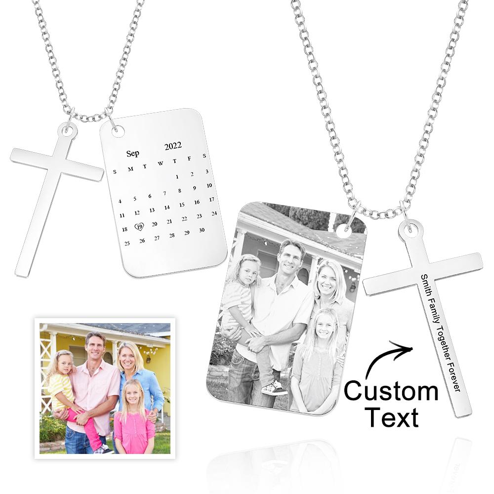 Personalized Photo Calendar Engraved Stainless Steel Cross Necklace Custom Message Pendant Father's Day