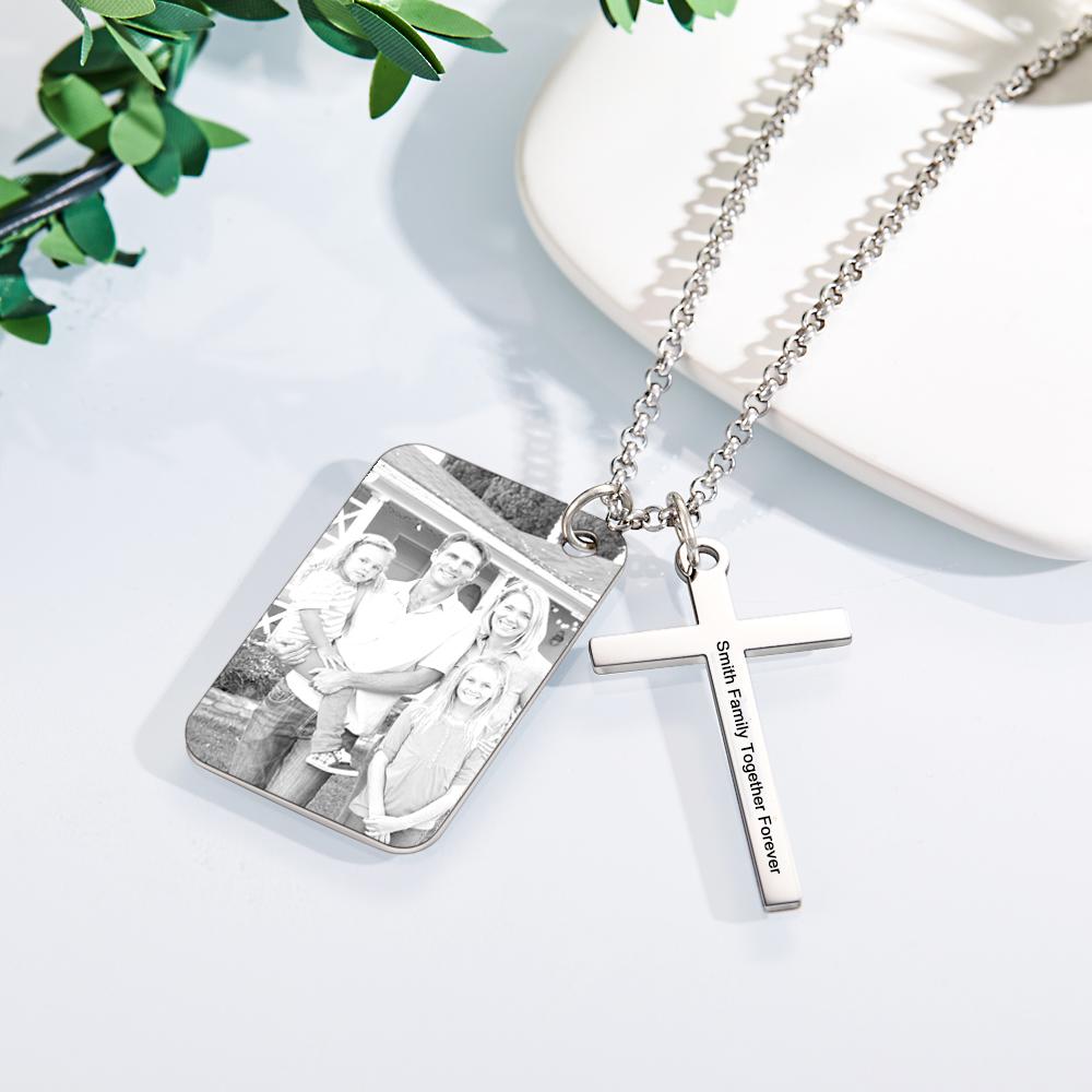 Personalized Photo Calendar Engraved Stainless Steel Cross Necklace Custom Message Pendant Father's Day