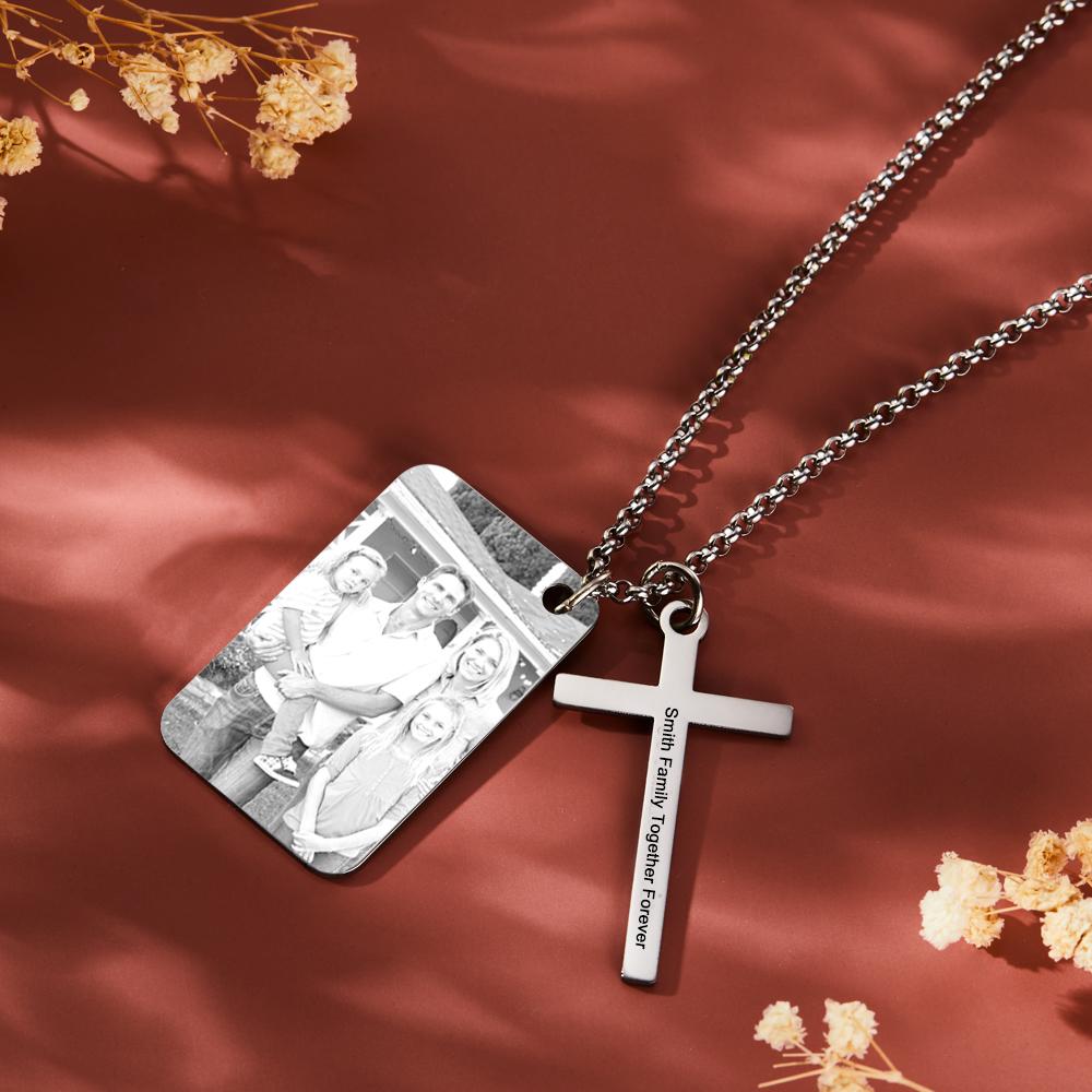 Personalized Photo Calendar Engraved Stainless Steel Cross Necklace Custom Message Pendant Father's Day