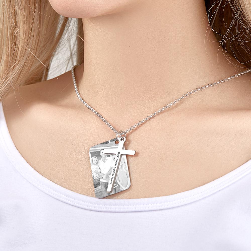 Personalized Photo Calendar Engraved Stainless Steel Cross Necklace Custom Message Pendant Father's Day