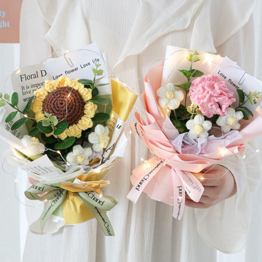 Crochet Flowers Bouquet Handmade Knitted Bouquet with Light Strip Gift for Teacher Mother Lover Wedding