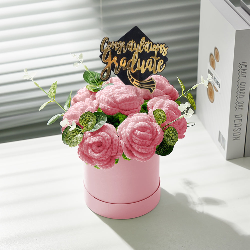 Crochet Flowers Bouquet Handmade Knitted Roses Hug Bucket Birthday Graduation Gift Box