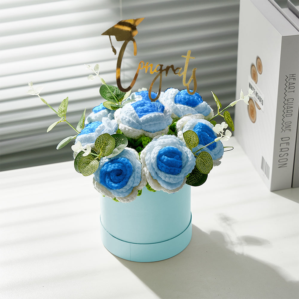 Crochet Flowers Bouquet Handmade Knitted Roses Hug Bucket Birthday Graduation Gift Box