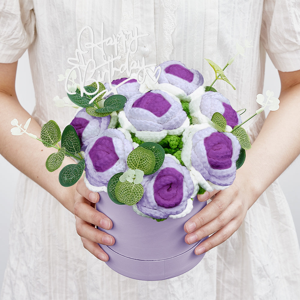 Crochet Flowers Bouquet Handmade Knitted Roses Hug Bucket Birthday Graduation Gift Box