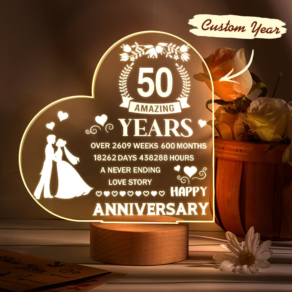 Personalised Night Light Heart Shaped Acrylic Lamp Anniversary Wedding Gifts for Him or Her