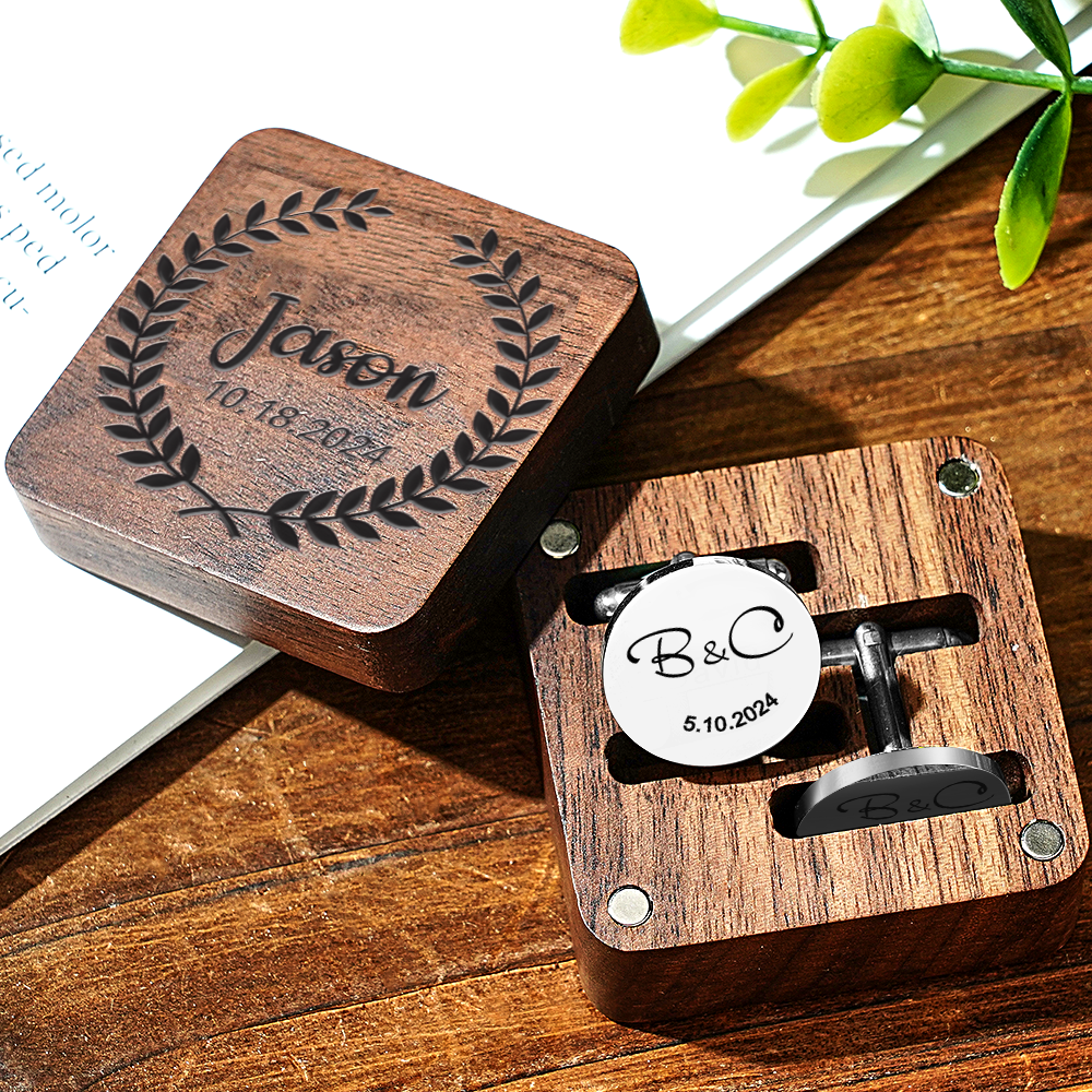 Personalized Engraved Cufflinks Set with Wooden Box Wedding Gift for Men Groomsmen