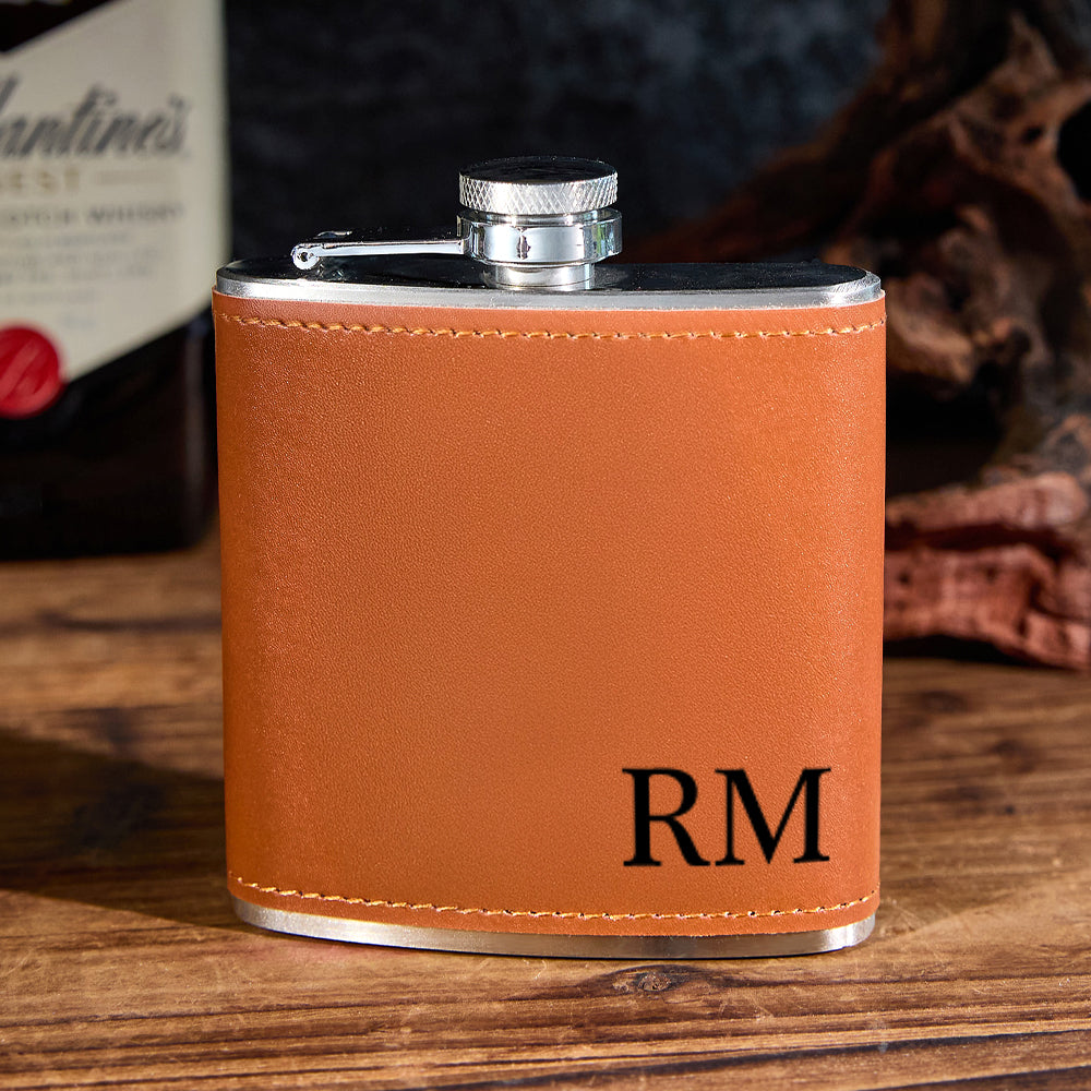 Personalized Men PU Leather Flask Stainless Steel 6oz Whiskey Flask Gift for Him
