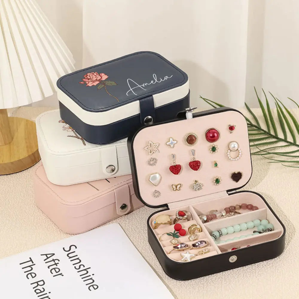 Personalized Birth Flower Leather Travel Jewelry Box with Name Waterproof Multiple Compartments Birthday