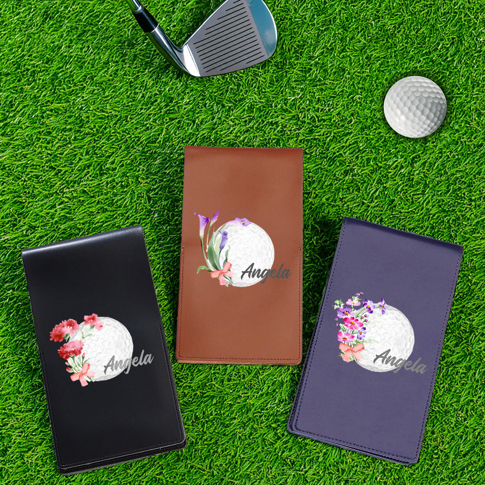 Personalized Birth Flower PU Leather Golf Scorecard Holder Birthday Gift for Golf Lover
