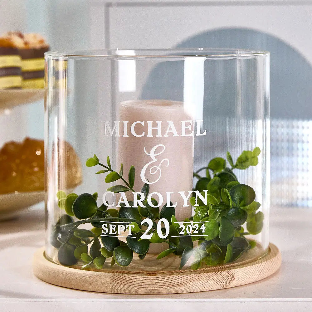 Personalized Wedding Hurricane with Wood Base Candle Holder Wedding Decor Gifts