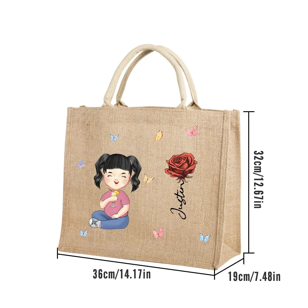 Personalized Cartoon Women Girl Birth Flower Grandma's Garden Jute Tote Bag with Name Wedding Birthday