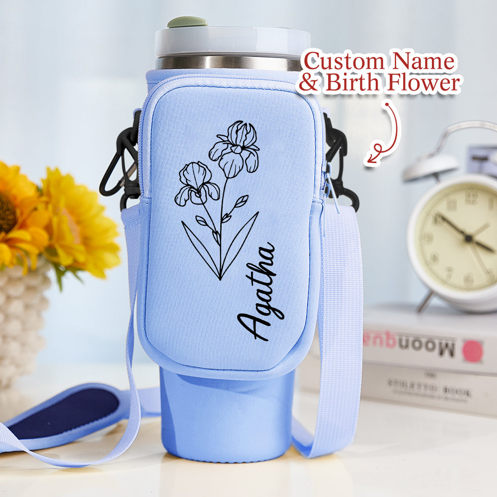Personalized Birth Flower Waterproof Bottle Carrier Bag for 40oz Stanley Tumbler Gift for Her