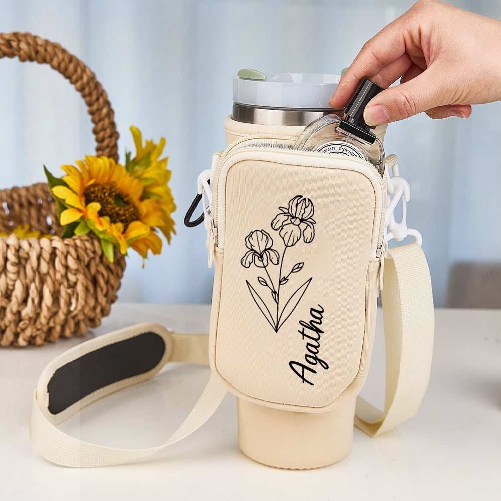 Personalized Birth Flower Waterproof Bottle Carrier Bag for 40oz Stanley Tumbler Gift for Her