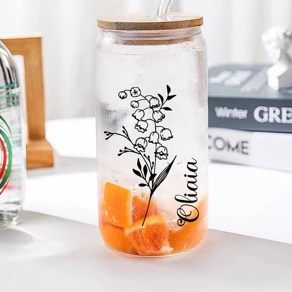 Personalized Name Glass Can with Birth Flower Custom Can Glass with Straw Gift for Mother Friends Family