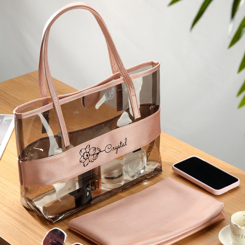 Personalized Birth Flower Clear Tote Bag with Name Birthday Bridesmaid Gift for Her