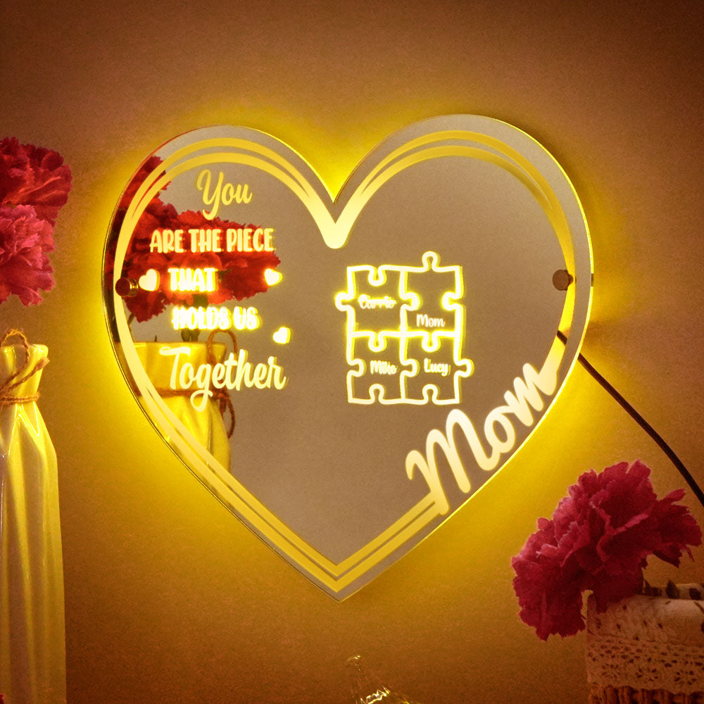 Personalized Mom You Are the Piece That Holds Us Together Mirror Light Puzzle Piece Sign Mother's Day Gifts