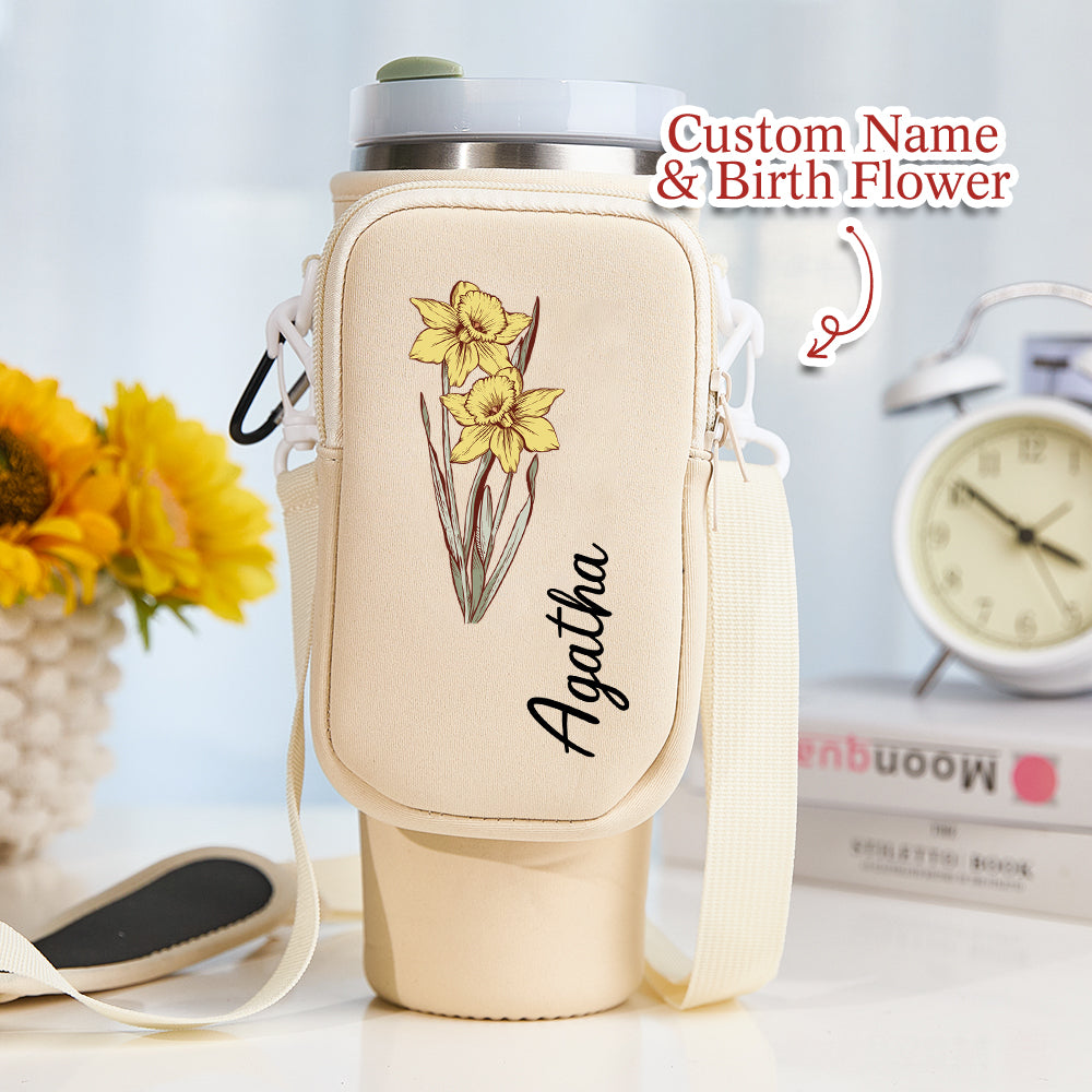 Personalized Birth Flower Waterproof Bottle Carrier Bag with Removable Pouch for 40oz Stanley Tumbler