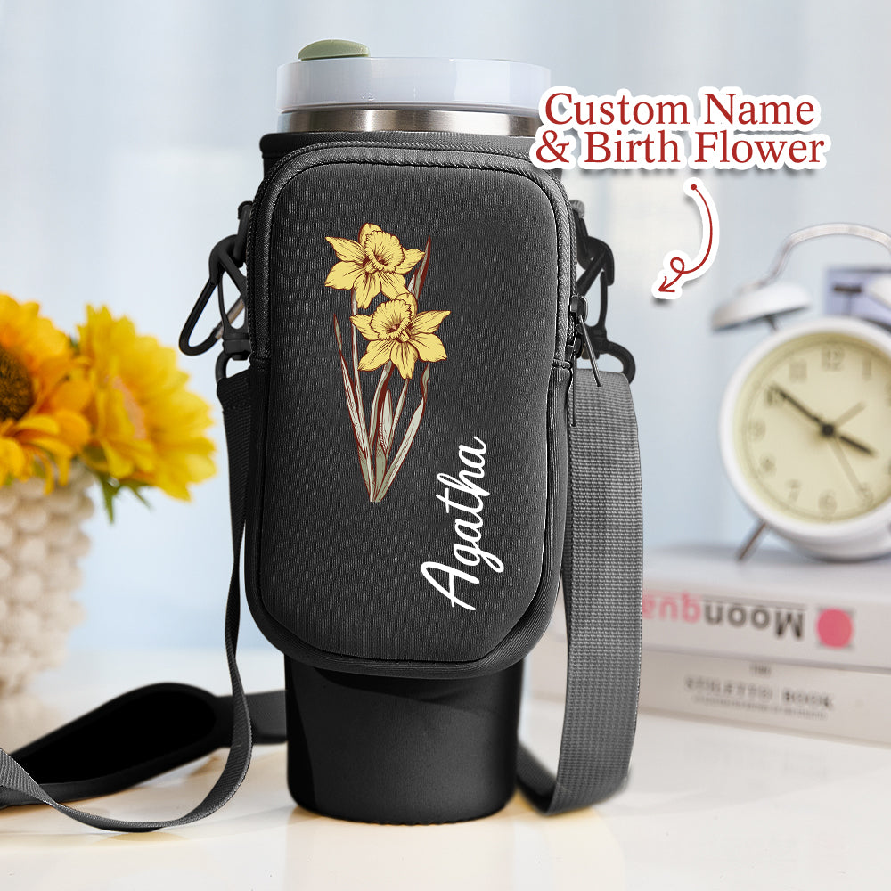 Personalized Birth Flower Waterproof Bottle Carrier Bag with Removable Pouch for 40oz Stanley Tumbler