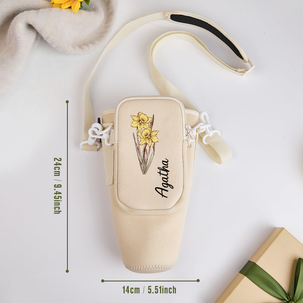 Personalized Birth Flower Waterproof Bottle Carrier Bag with Removable Pouch for 40oz Stanley Tumbler