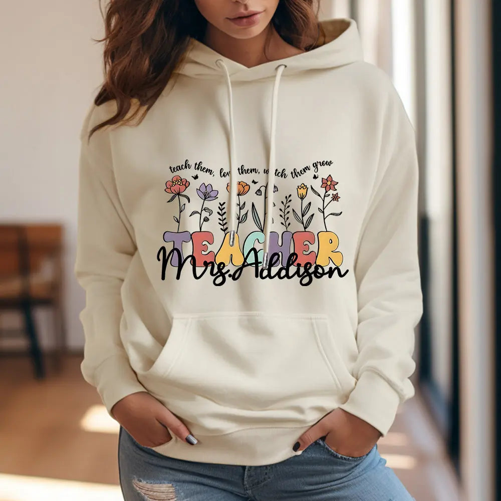 Personalized Wildflower Hooded Sweatshirt Teacher Custom Name Hooded Sweatshirt Back to School Gifts