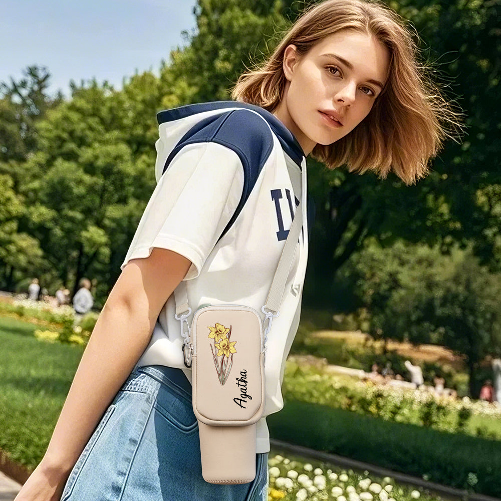 Personalized Birth Flower Waterproof Bottle Carrier Bag with Removable Pouch for 40oz Stanley Tumbler